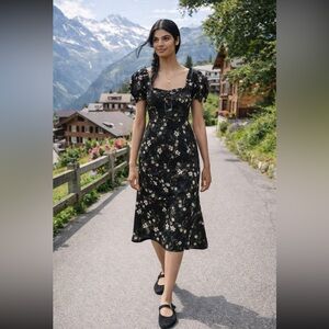 Anthropologie NWT Maeve Linen Blend Puff-Sleeve Sweetheart Midi Dress size SP.